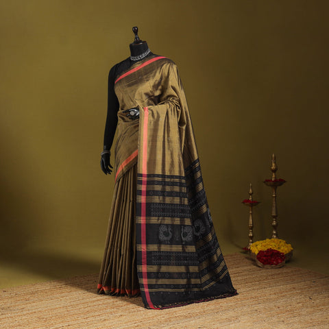 Brown - handloom mulberry silk cotton tangaliya saree 09