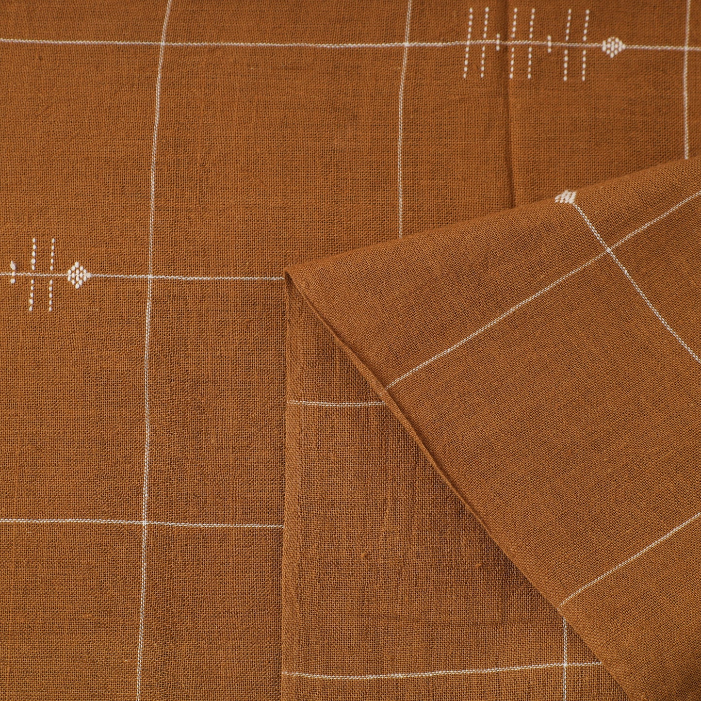 Brown - handloom organic checks buti kala cotton fabric 01