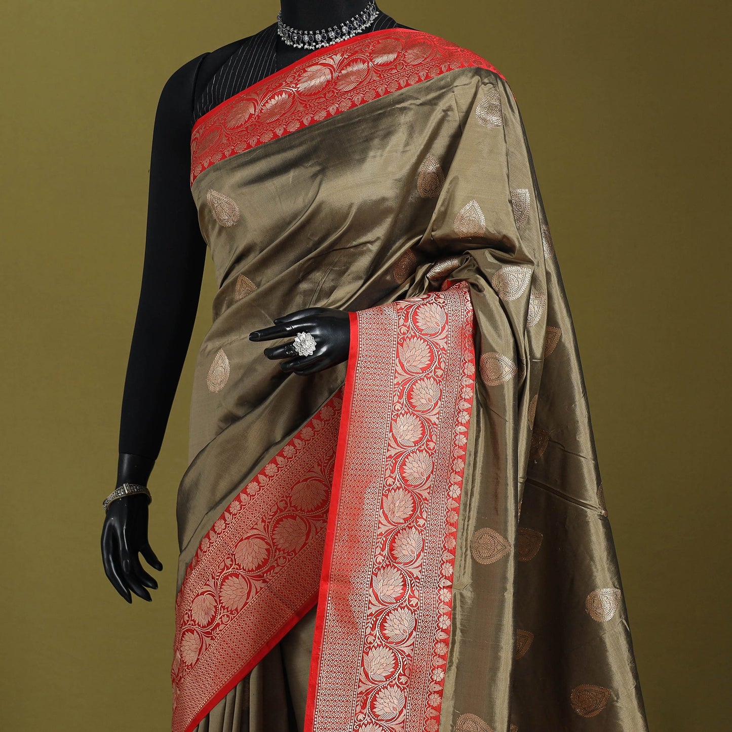 Brown - handloom pure katan silk kaduwa zari buti banarasi