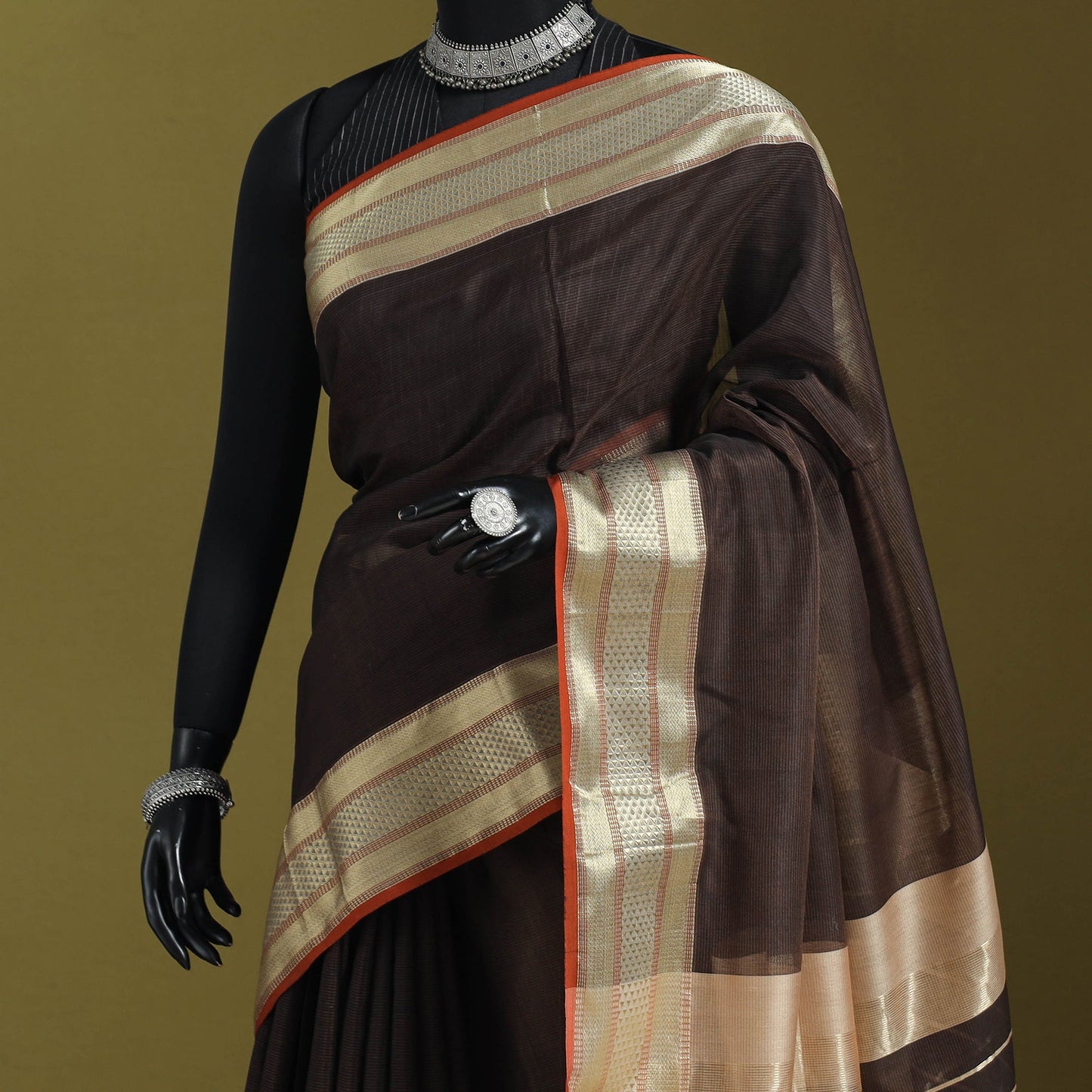 Brown - handloom silk cotton maheshwari saree with zari