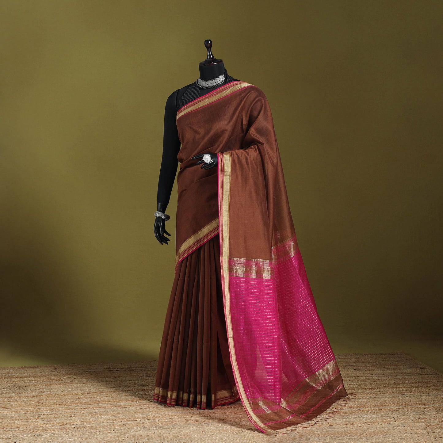Brown - handloom silk cotton maheshwari saree with zari