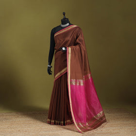 Brown - handloom silk cotton maheshwari saree with zari