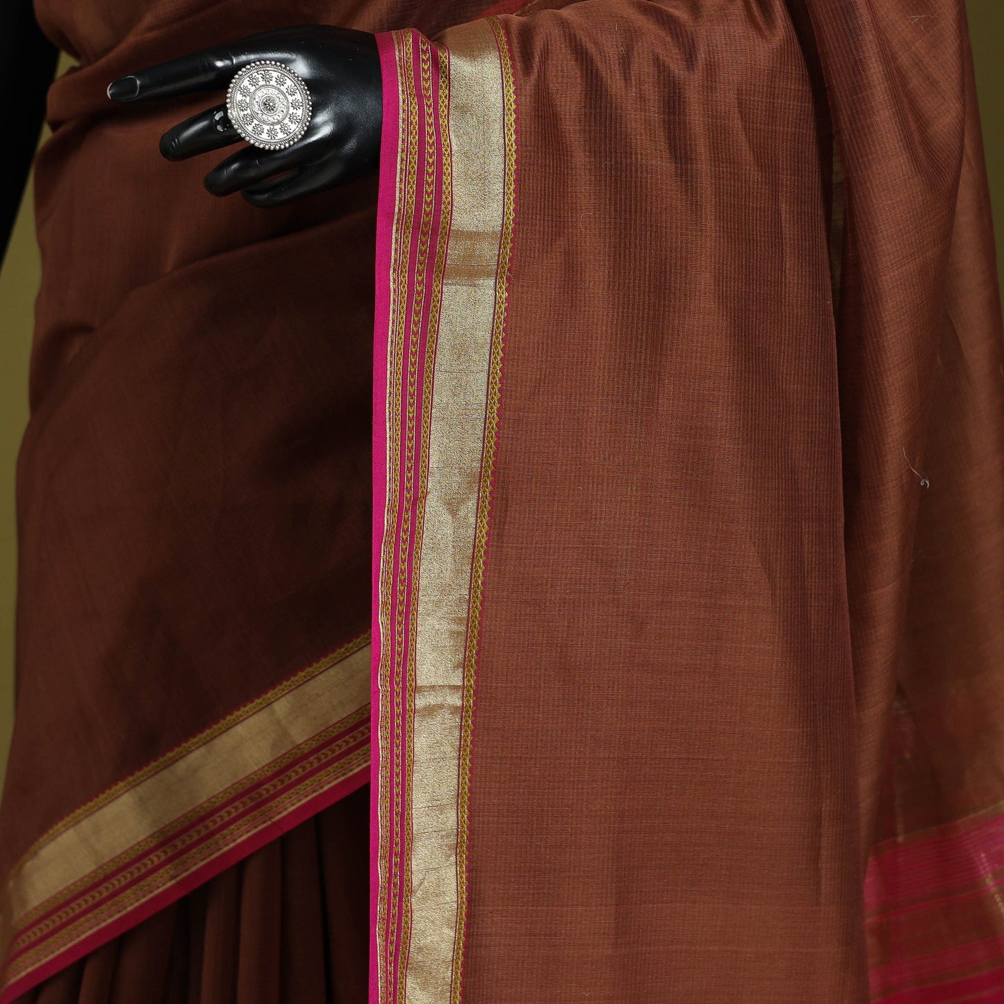Brown - handloom silk cotton maheshwari saree with zari