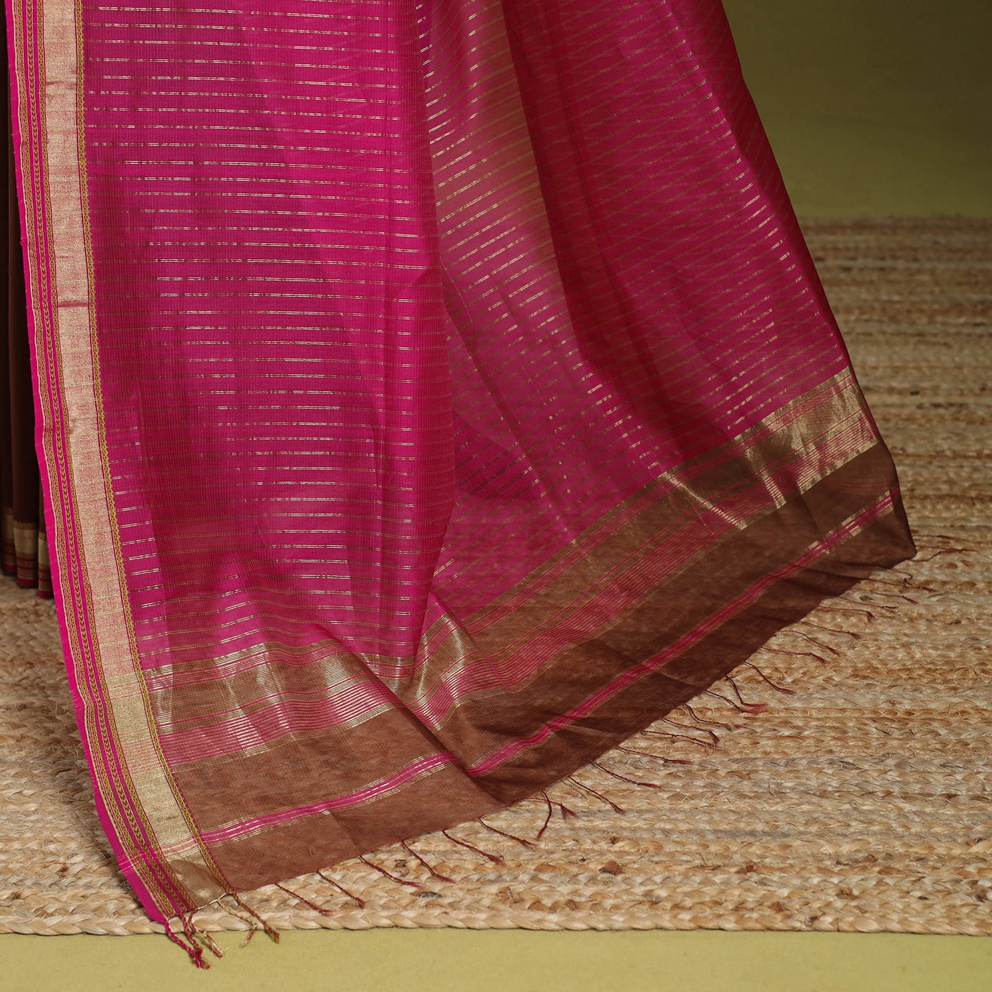 Brown - handloom silk cotton maheshwari saree with zari
