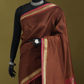 Brown - handloom silk cotton maheshwari saree with zari