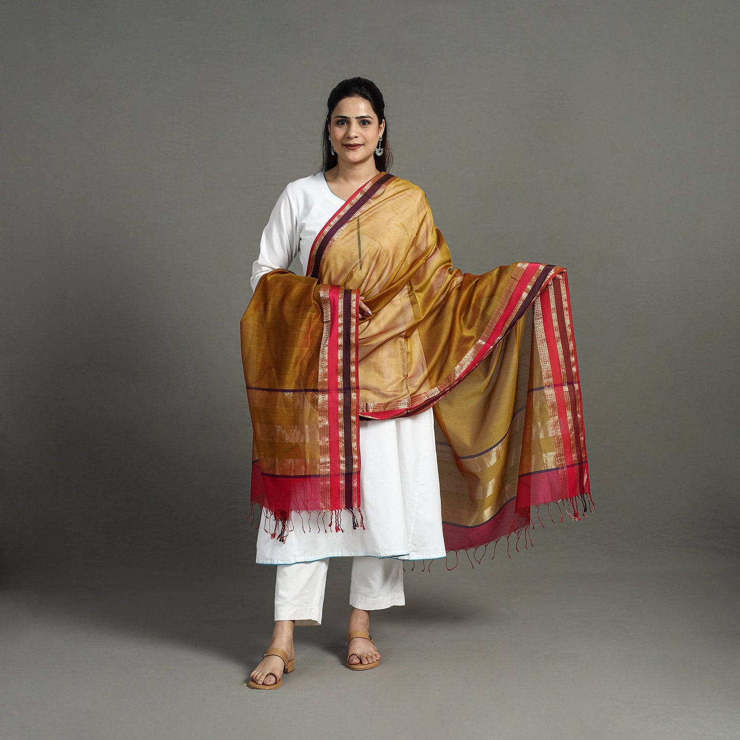 Brown - handloom silk cotton resham border maheshwari