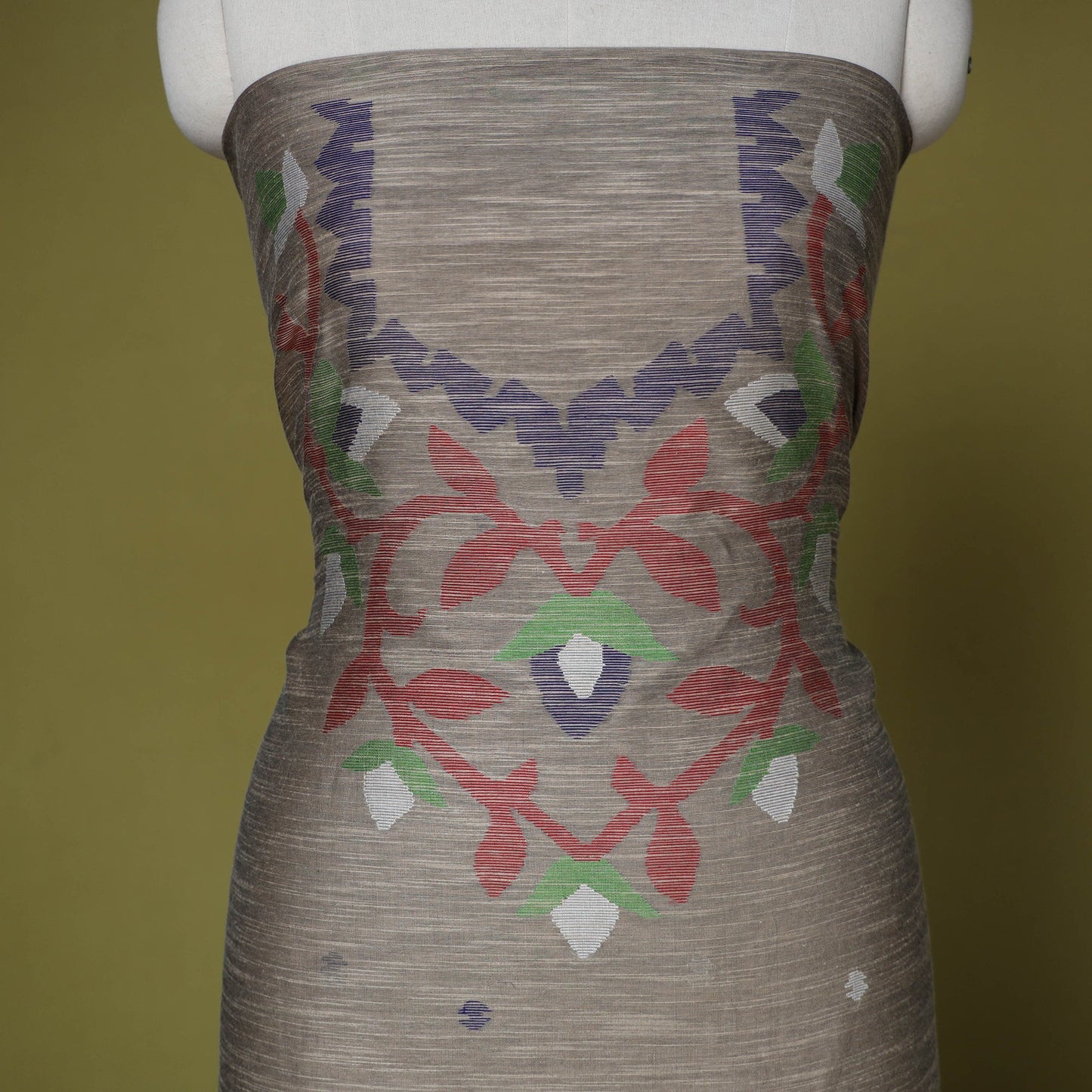 Brown - handloom silk cotton unstitched phulia jamdani