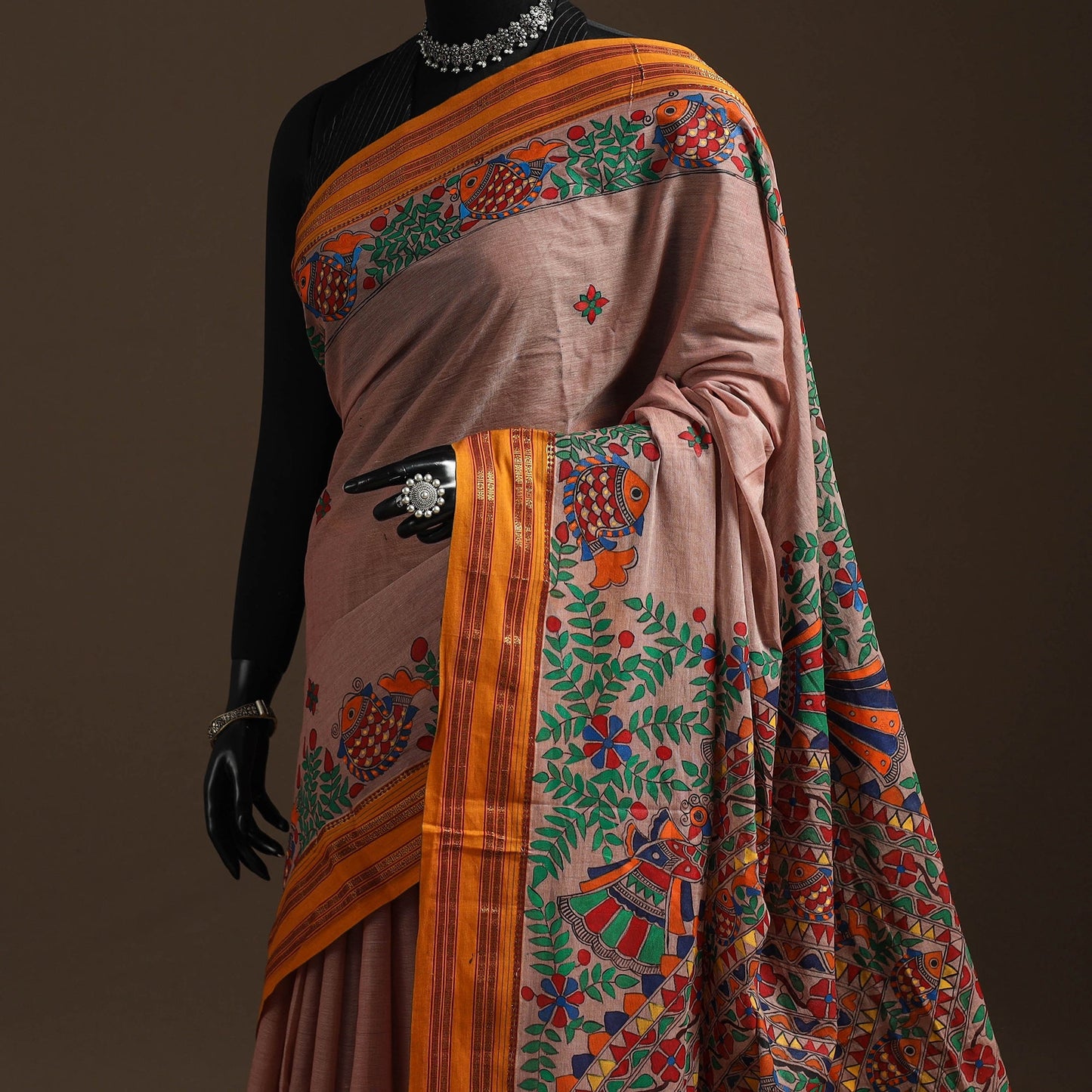 Handloom silk cotton zari border handpainted madhubani