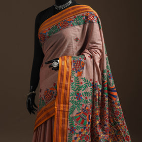 Handloom silk cotton zari border handpainted madhubani