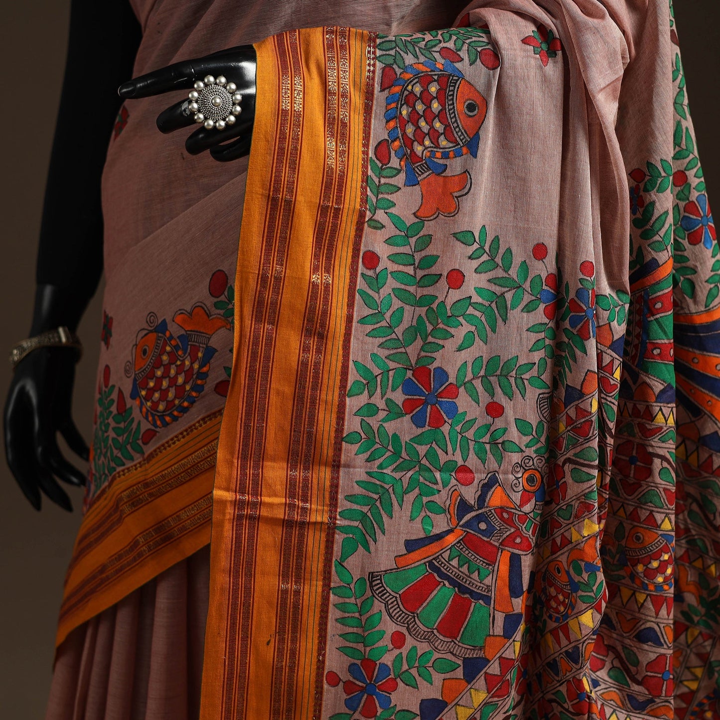 Handloom silk cotton zari border handpainted madhubani