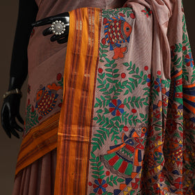 Handloom silk cotton zari border handpainted madhubani