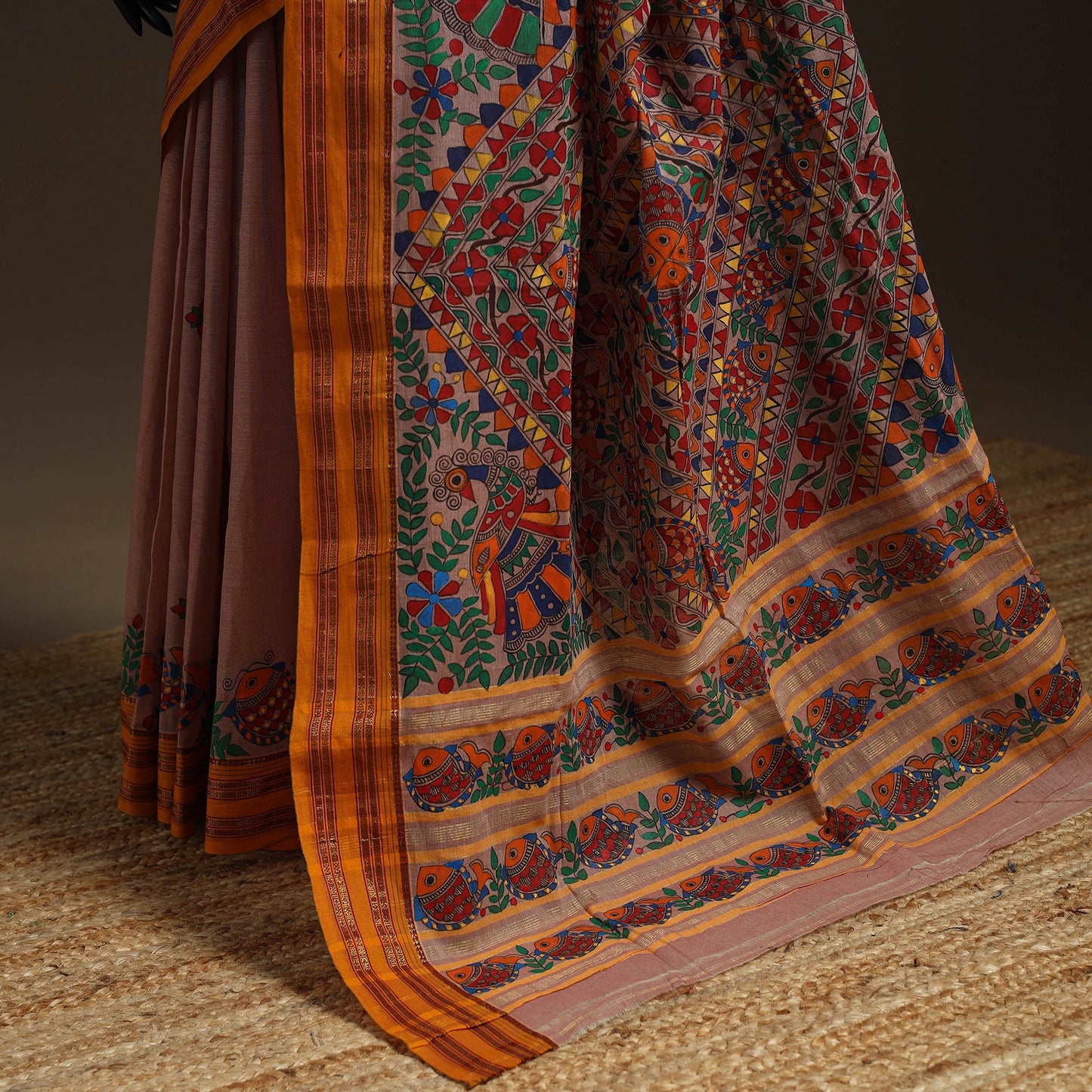 Handloom silk cotton zari border handpainted madhubani