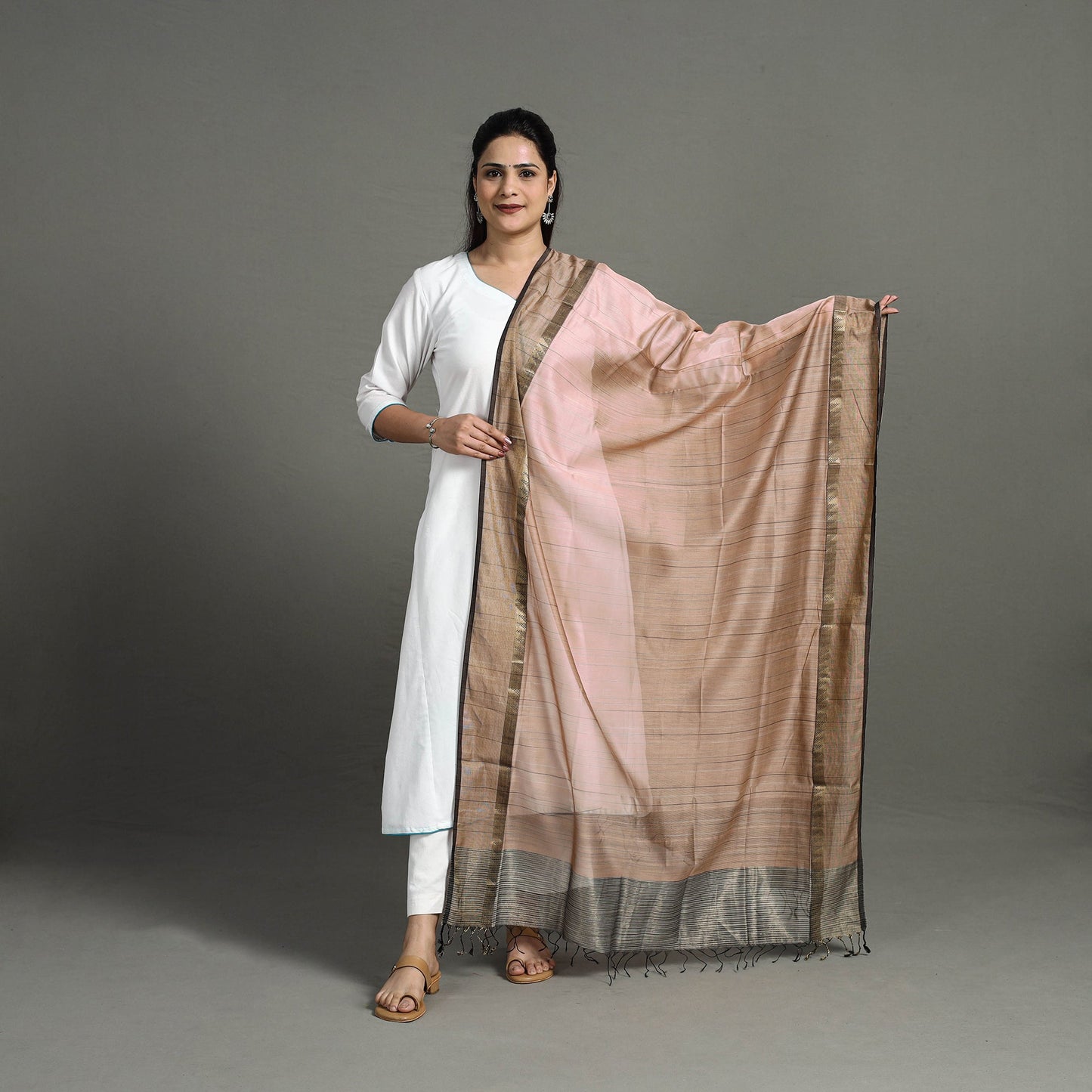 Brown - handloom silk cotton zari work stripe maheshwari