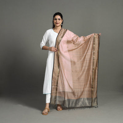 Brown - handloom silk cotton zari work stripe maheshwari