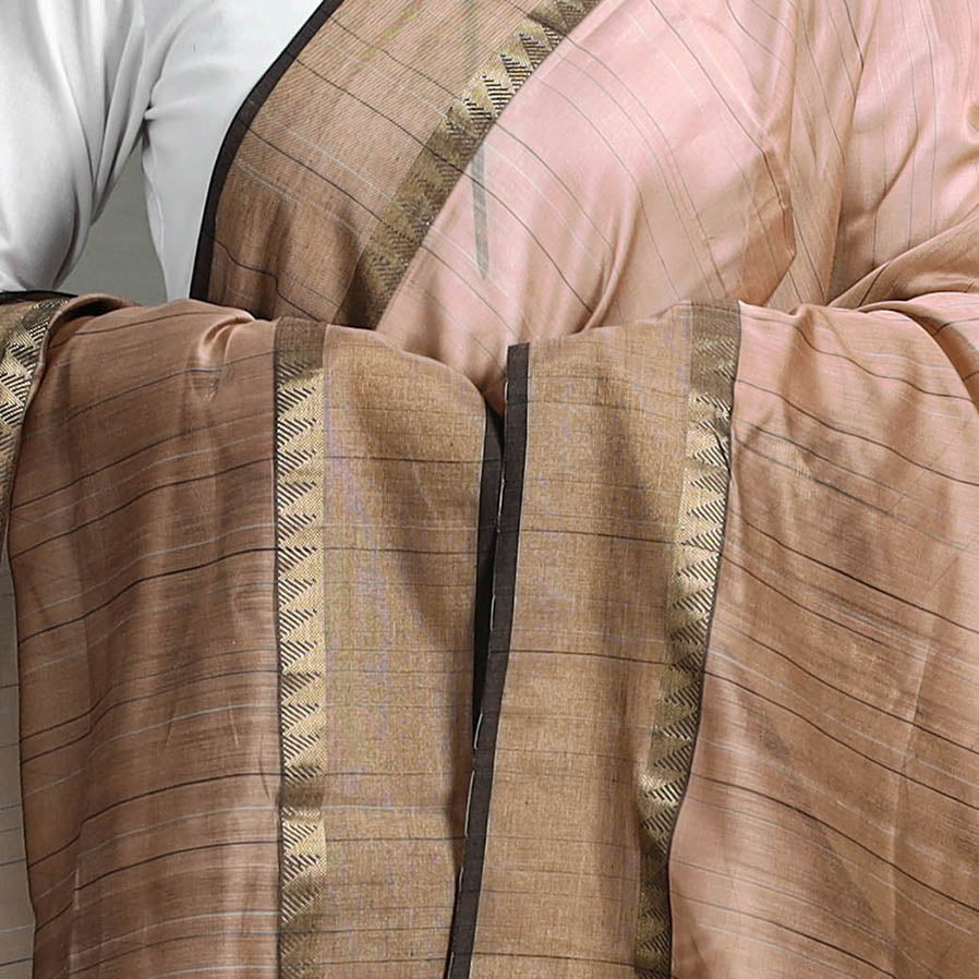 Brown - handloom silk cotton zari work stripe maheshwari
