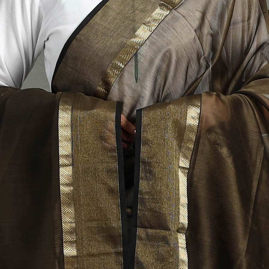 Brown - handloom silk cotton zari work stripe maheshwari