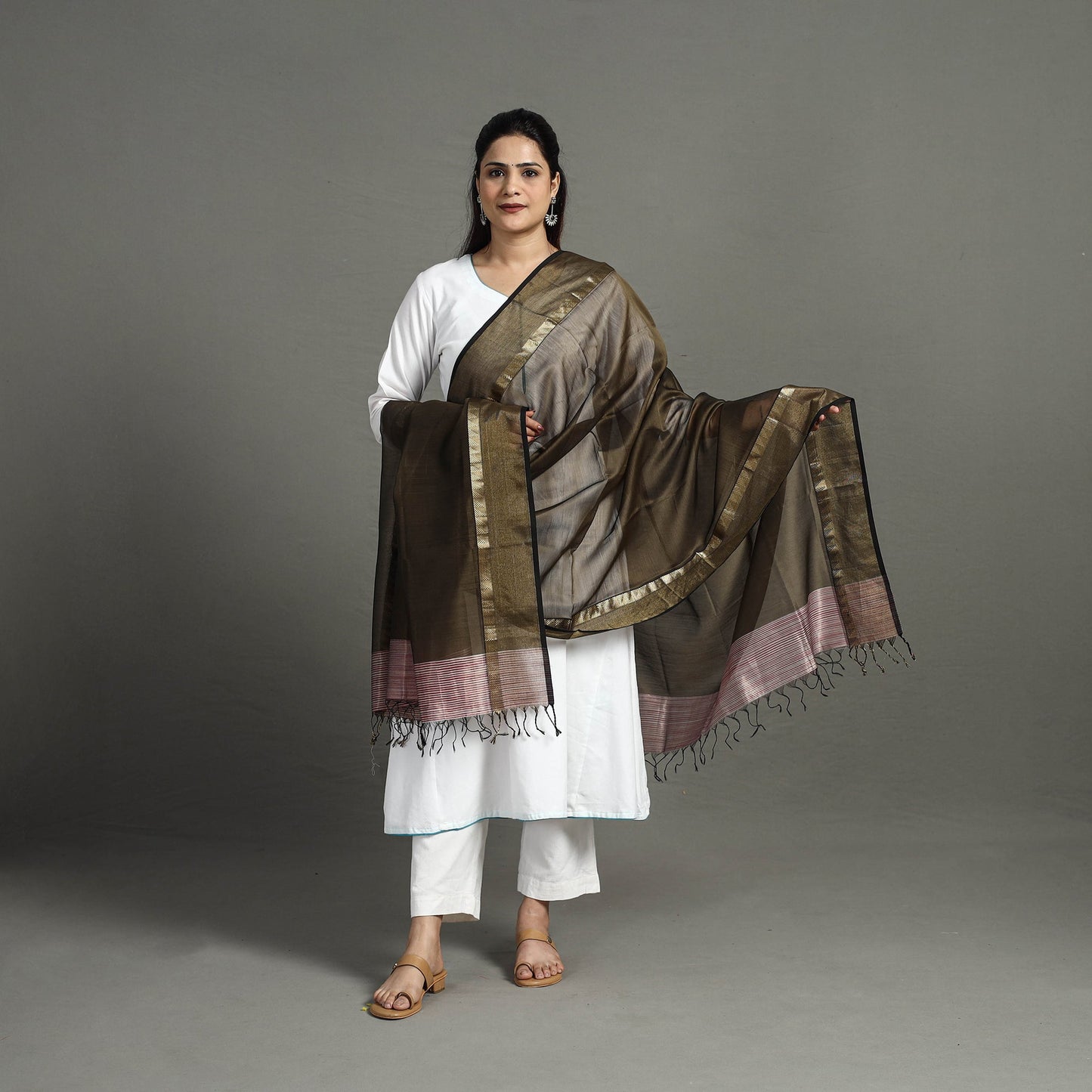 Brown - handloom silk cotton zari work stripe maheshwari