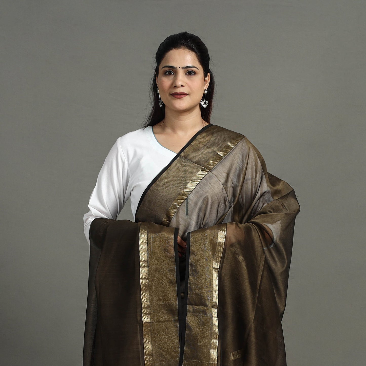 Brown - handloom silk cotton zari work stripe maheshwari