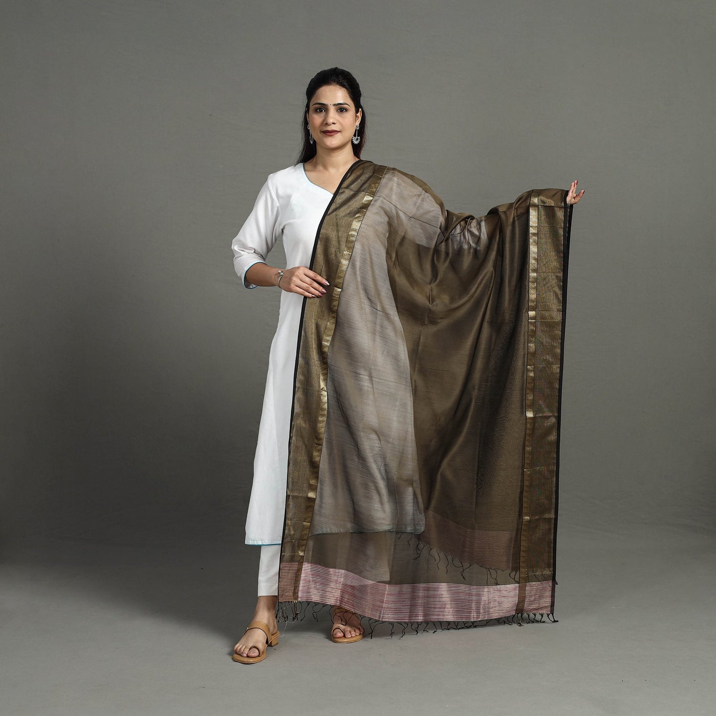 Brown - handloom silk cotton zari work stripe maheshwari