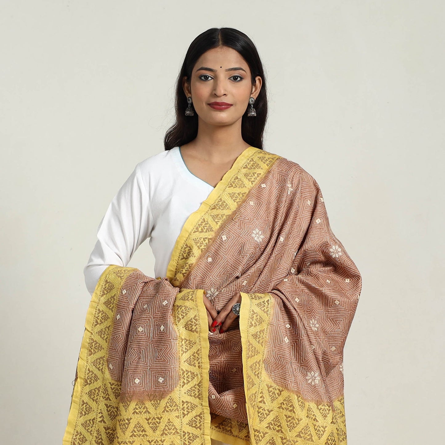 Brown - handloom tussar silk bengal kantha embroidery
