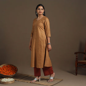Brown Handloom Tussar Silk Cotton A-Line Plain Kurta