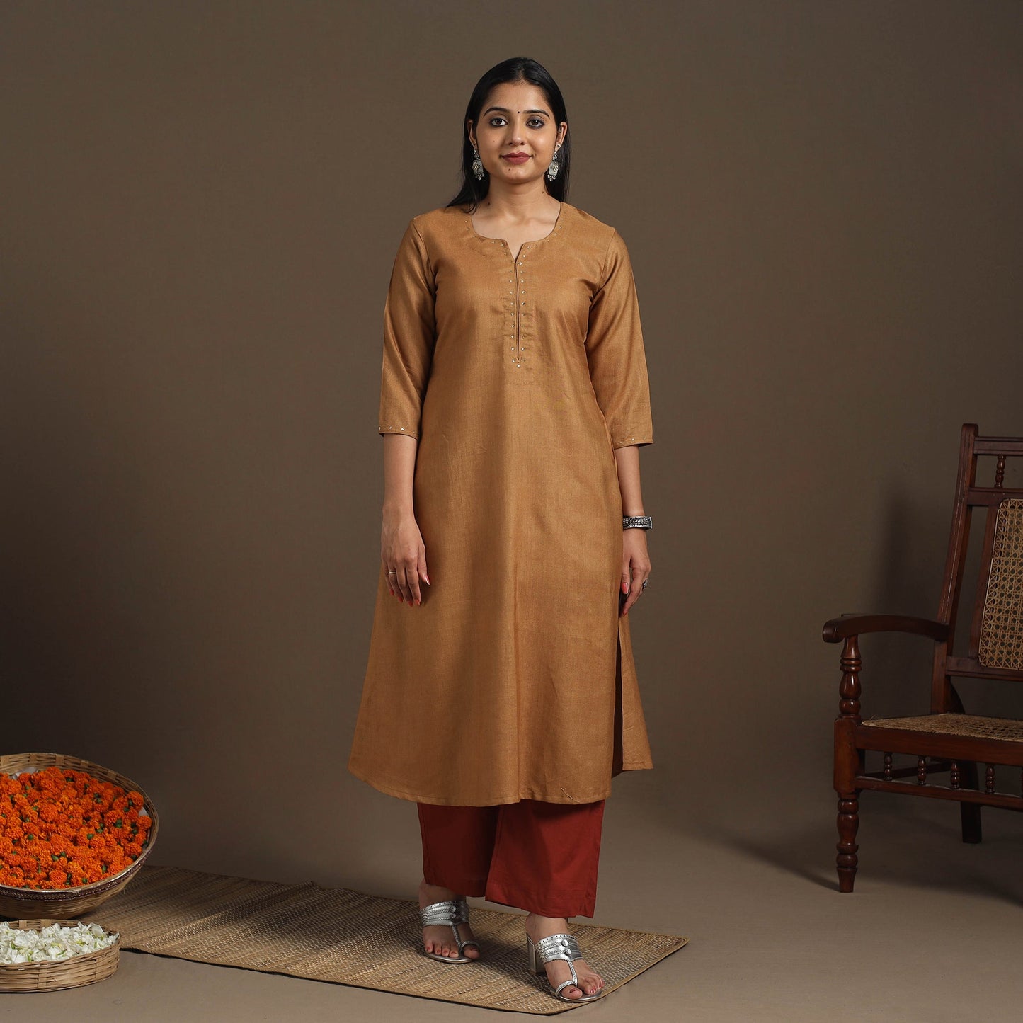 Brown Handloom Tussar Silk Cotton A-Line Plain Kurta