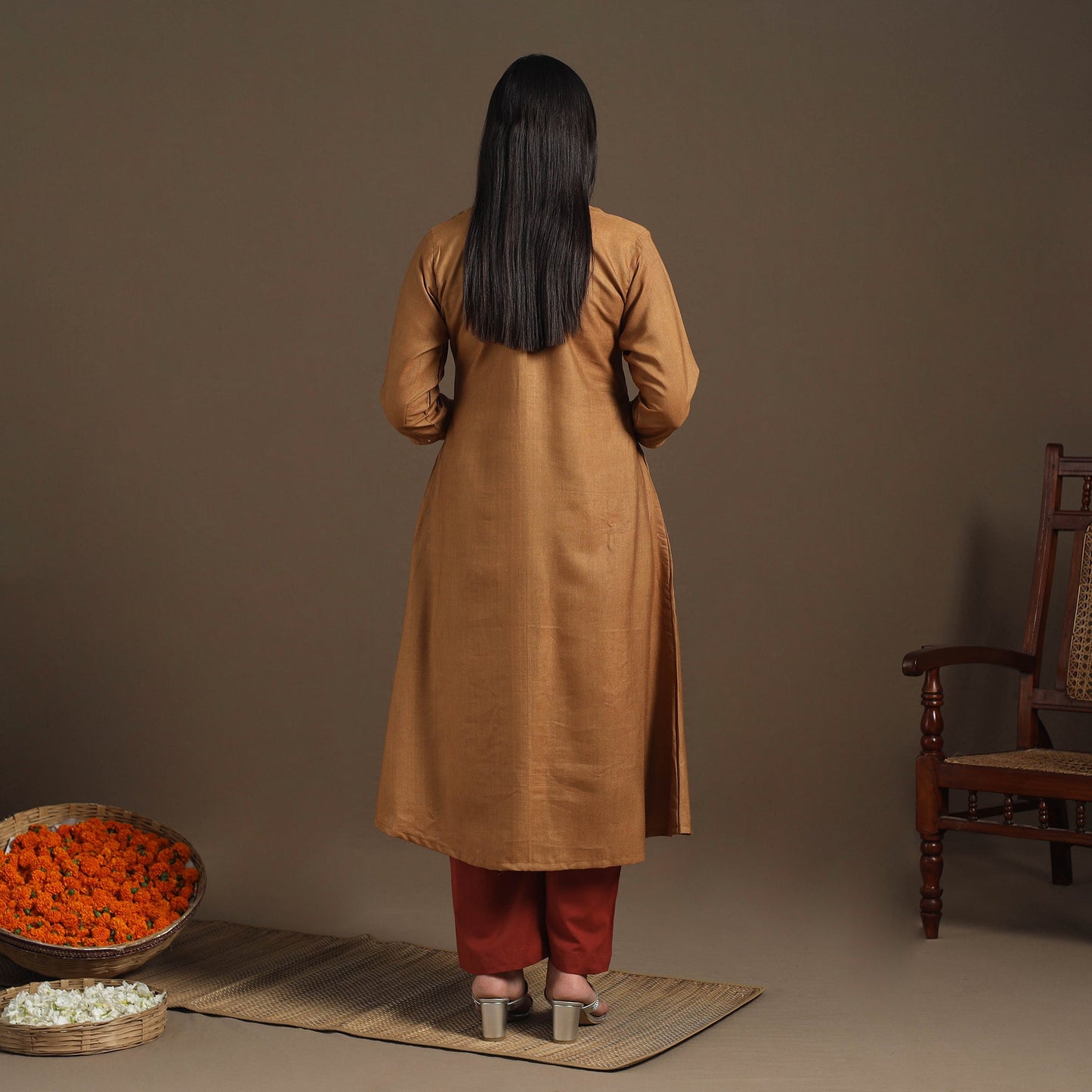 Brown Handloom Tussar Silk Cotton A-Line Plain Kurta