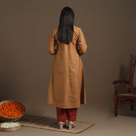 Brown Handloom Tussar Silk Cotton A-Line Plain Kurta