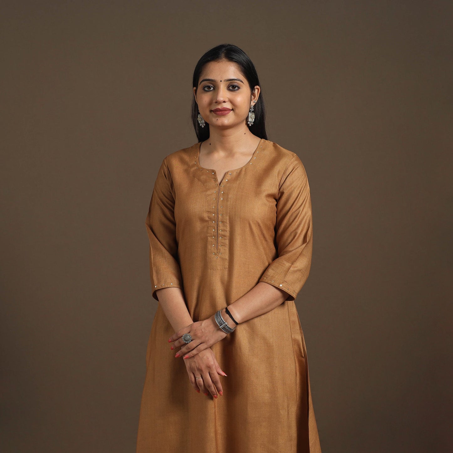 Brown Handloom Tussar Silk Cotton A-Line Plain Kurta