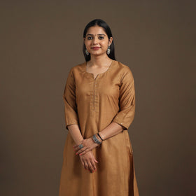 Brown Handloom Tussar Silk Cotton A-Line Plain Kurta