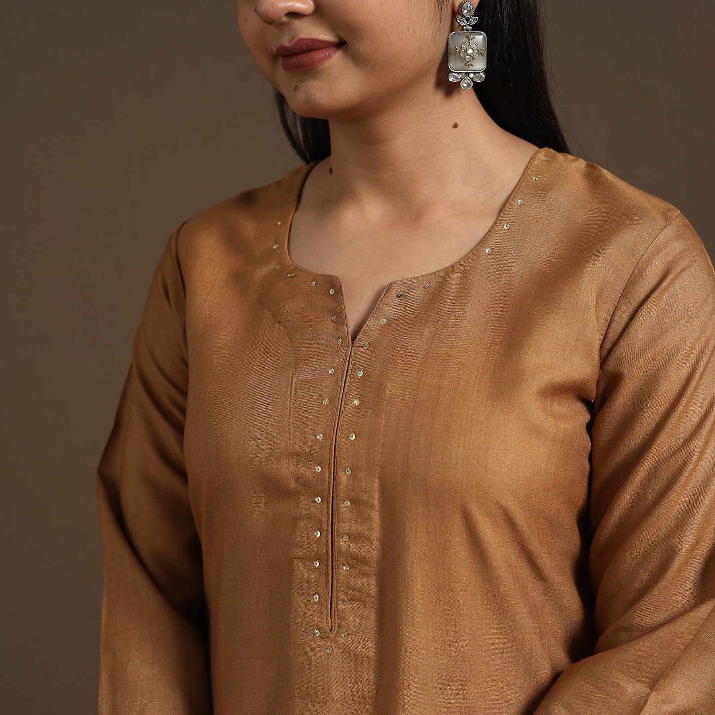 Brown Handloom Tussar Silk Cotton A-Line Plain Kurta