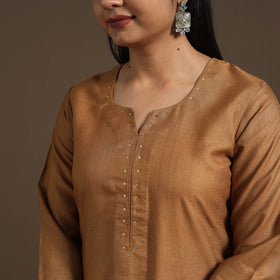 Brown Handloom Tussar Silk Cotton A-Line Plain Kurta