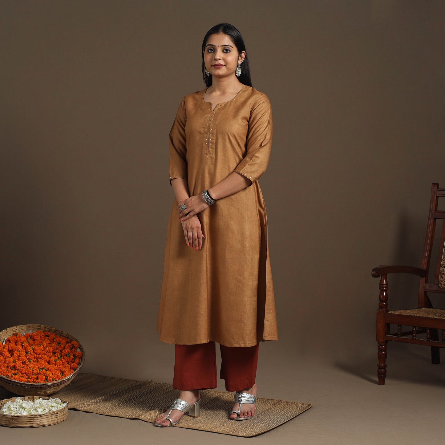 Brown Handloom Tussar Silk Cotton A-Line Plain Kurta