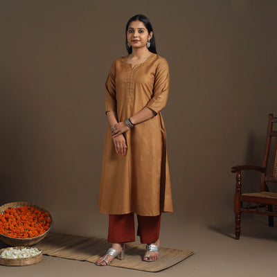 Brown Handloom Tussar Silk Cotton A-Line Plain Kurta