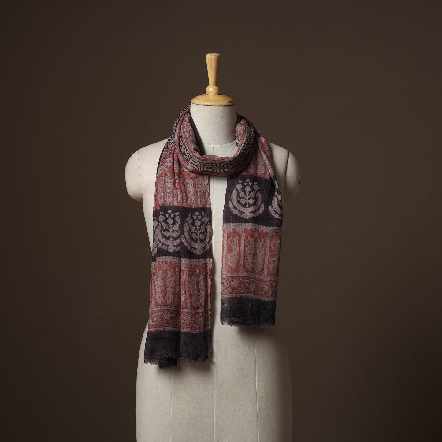 Maroon - handloom woolen natural dyed bagru stole 07