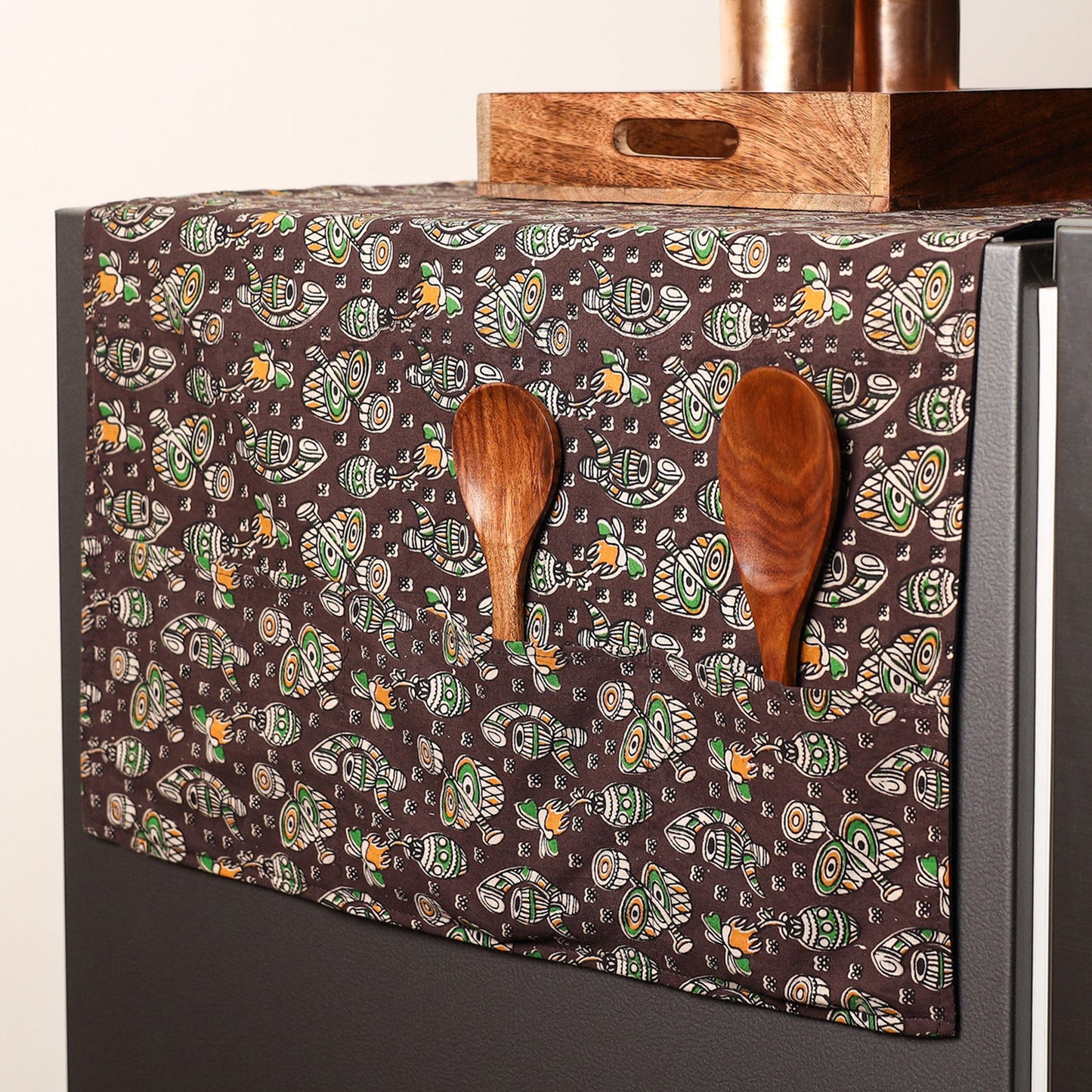 Brown Handmade Cotton Fridge Top Cover with Multiple Pockets