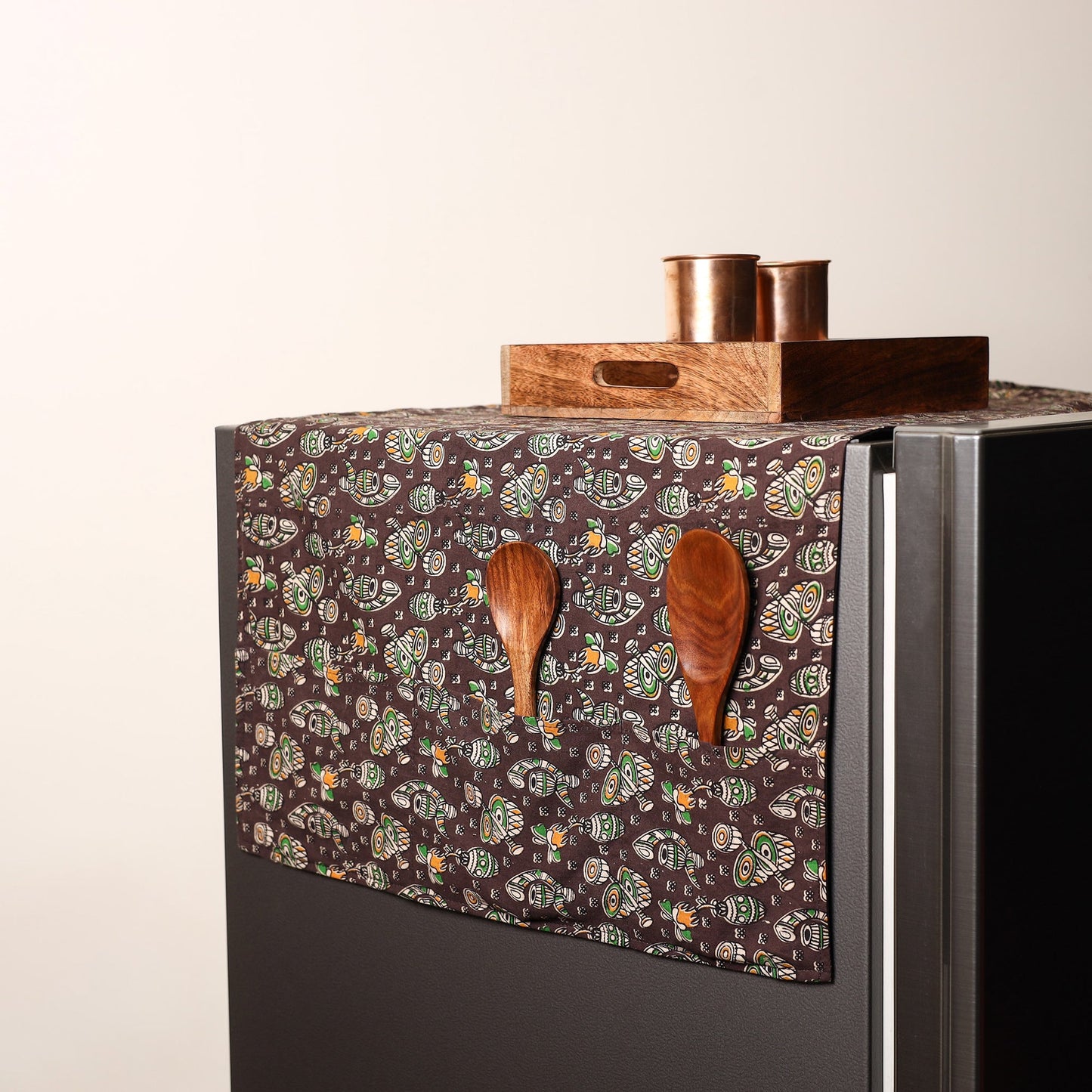 Brown Handmade Cotton Fridge Top Cover with Multiple Pockets