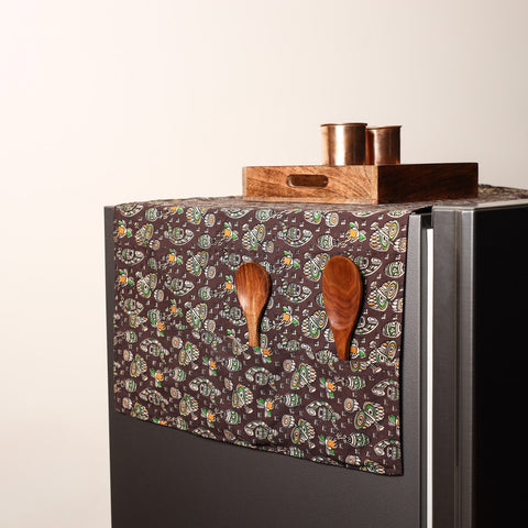 Brown Handmade Cotton Fridge Top Cover with Multiple Pockets