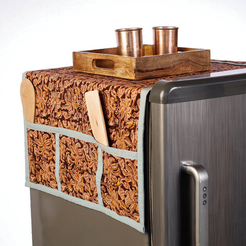 Brown Handmade Cotton Fridge Top Cover with Multiple Pockets