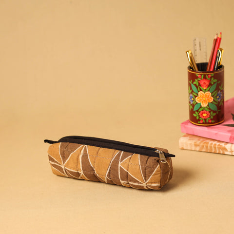 Brown - handmade cotton quilted pencil pouch 04