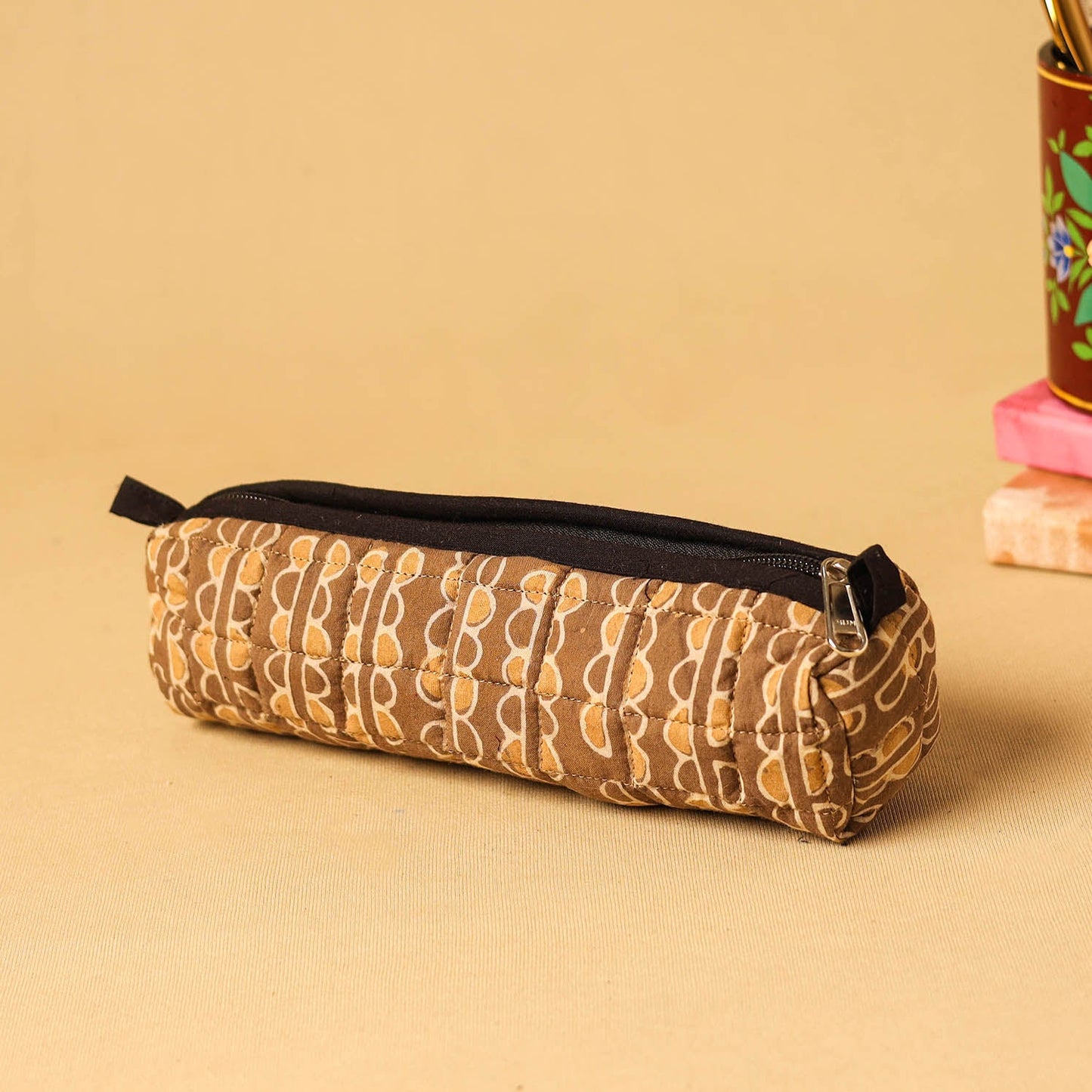Brown - handmade cotton quilted pencil pouch 26