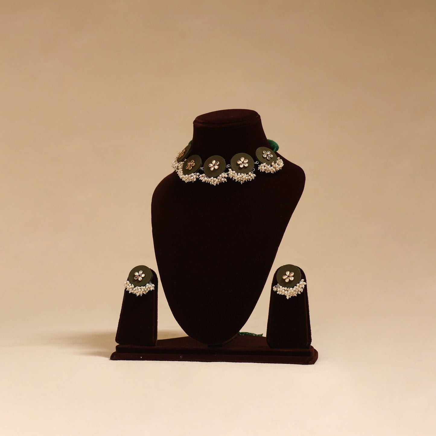 Handmade fabart choker necklace set with kundan & beads 07