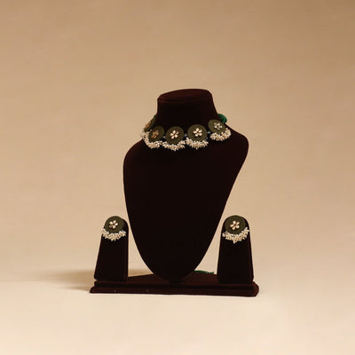 Handmade fabart choker necklace set with kundan & beads 07