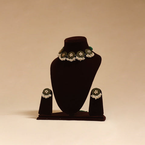 Handmade fabart choker necklace set with kundan & beads 07