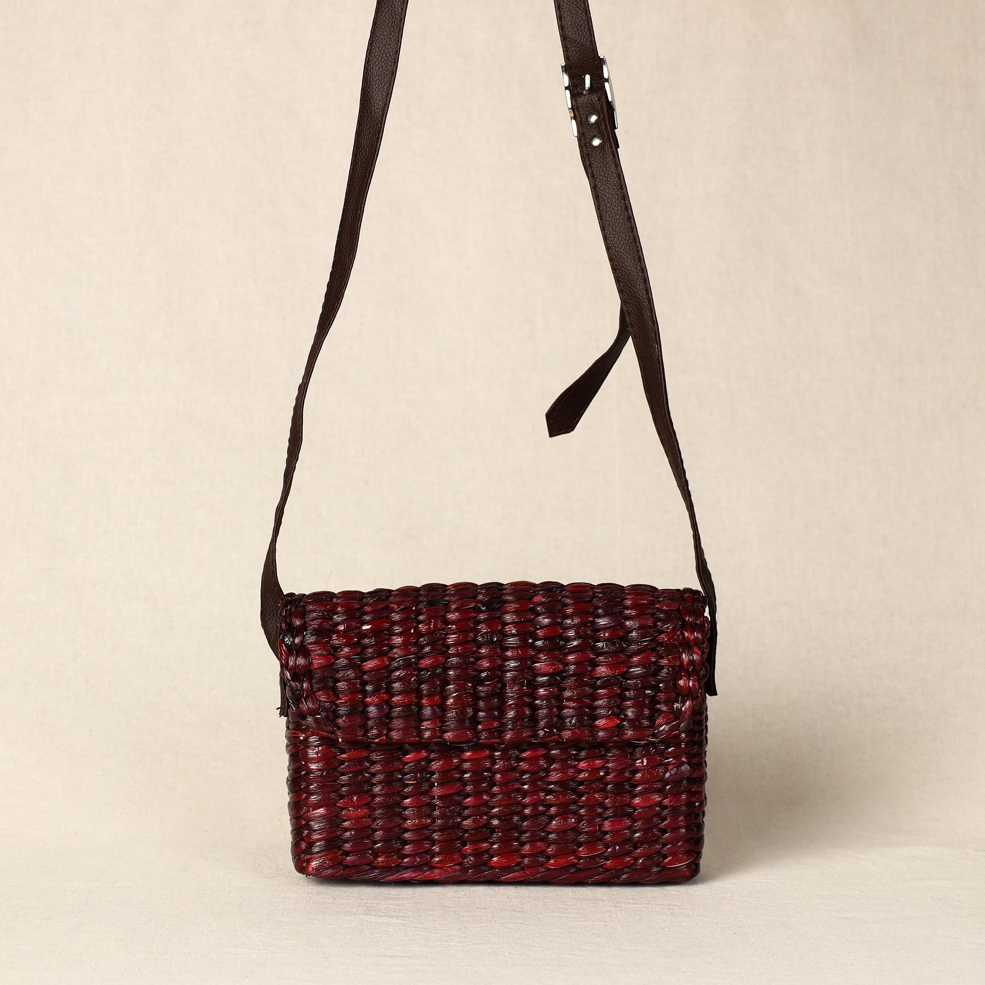 Brown Handmade Organic Water Hyacinth Sling Bag from Assam
