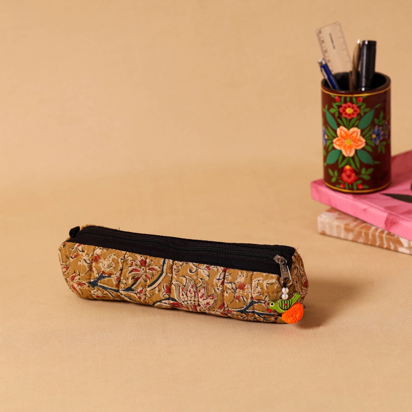 Brown Handmade Quilted Cotton Pencil Pouch