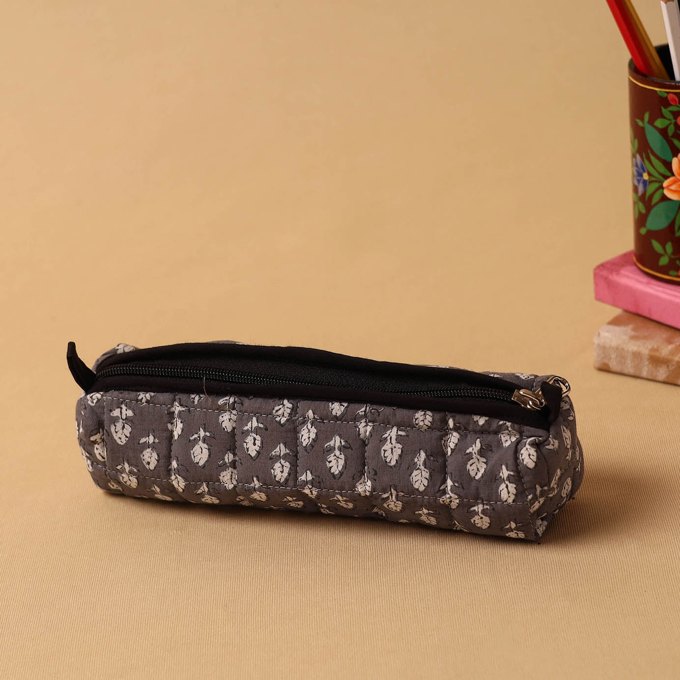 Brown Handmade Quilted Cotton Pencil Pouch