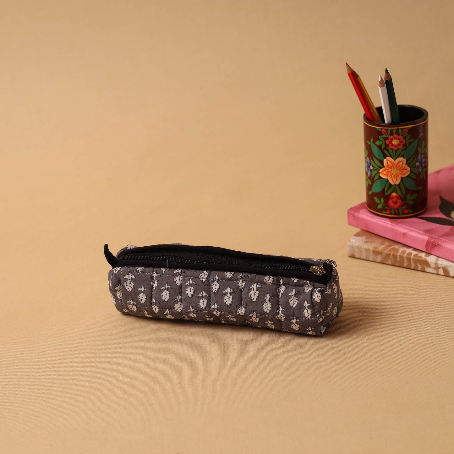 Brown Handmade Quilted Cotton Pencil Pouch