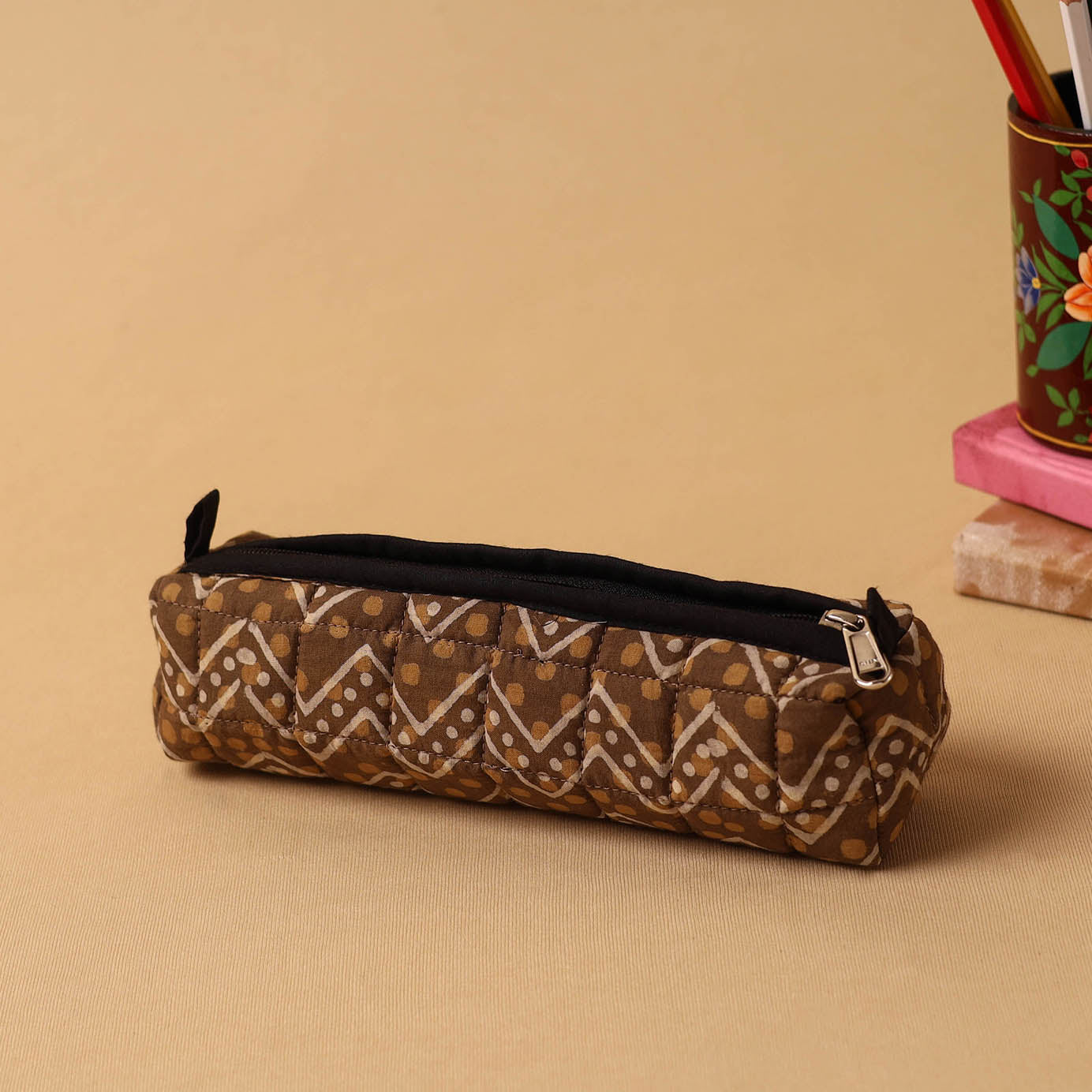 Brown Handmade Quilted Cotton Pencil Pouch