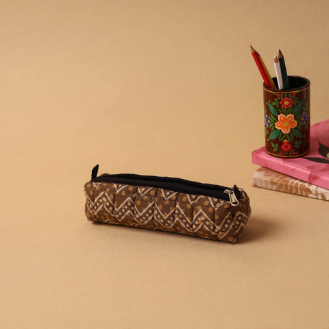 Brown Handmade Quilted Cotton Pencil Pouch